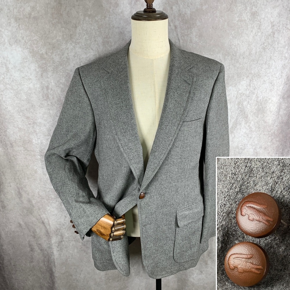 Vintage Izod Lacoste Blazer Jacket Men 44 Gray Sport Coat Wood Buttons